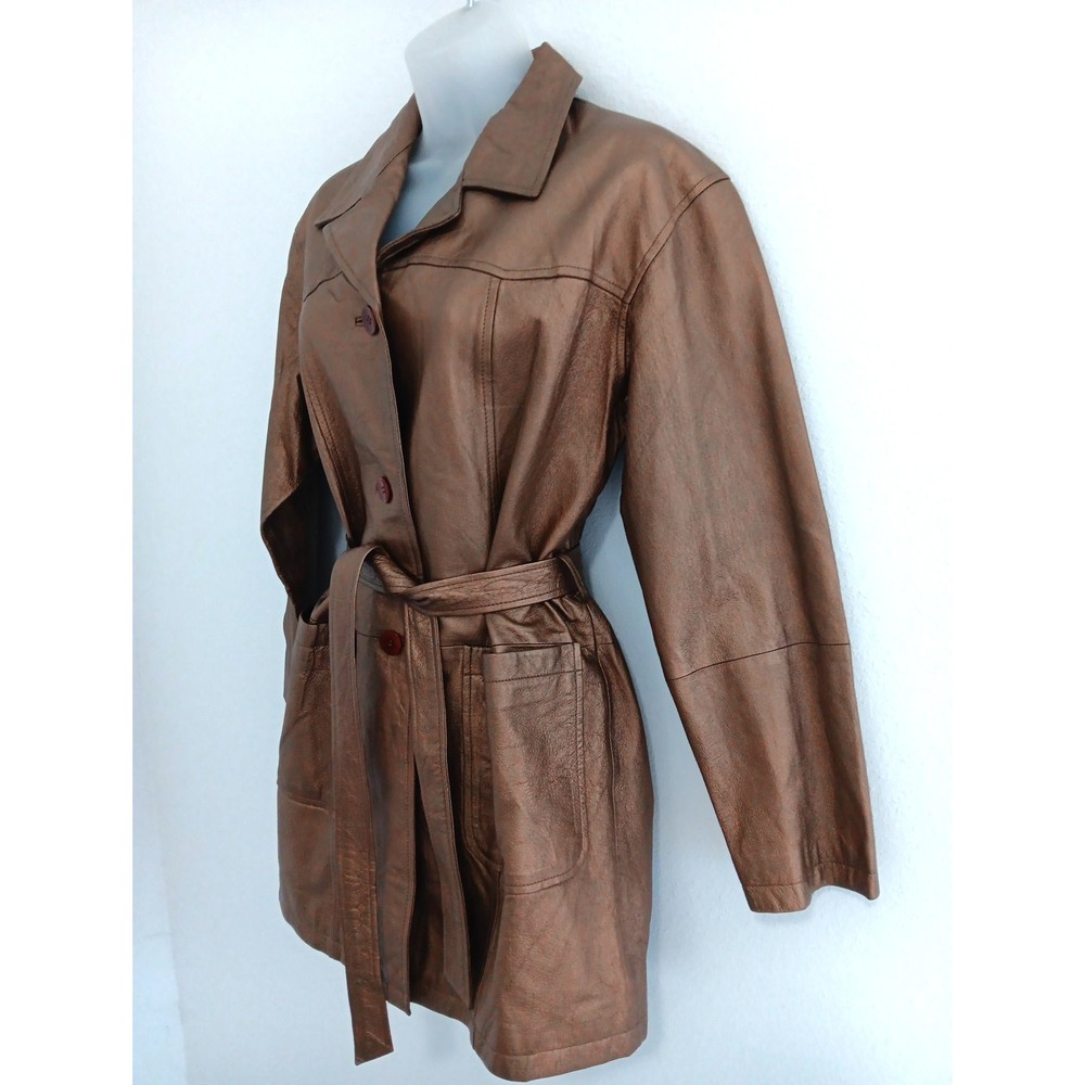 VTG Leather Trench Coat Belted Women Small Metalic Gold Belted‎ Countryside Chic - Picture 2 of 16